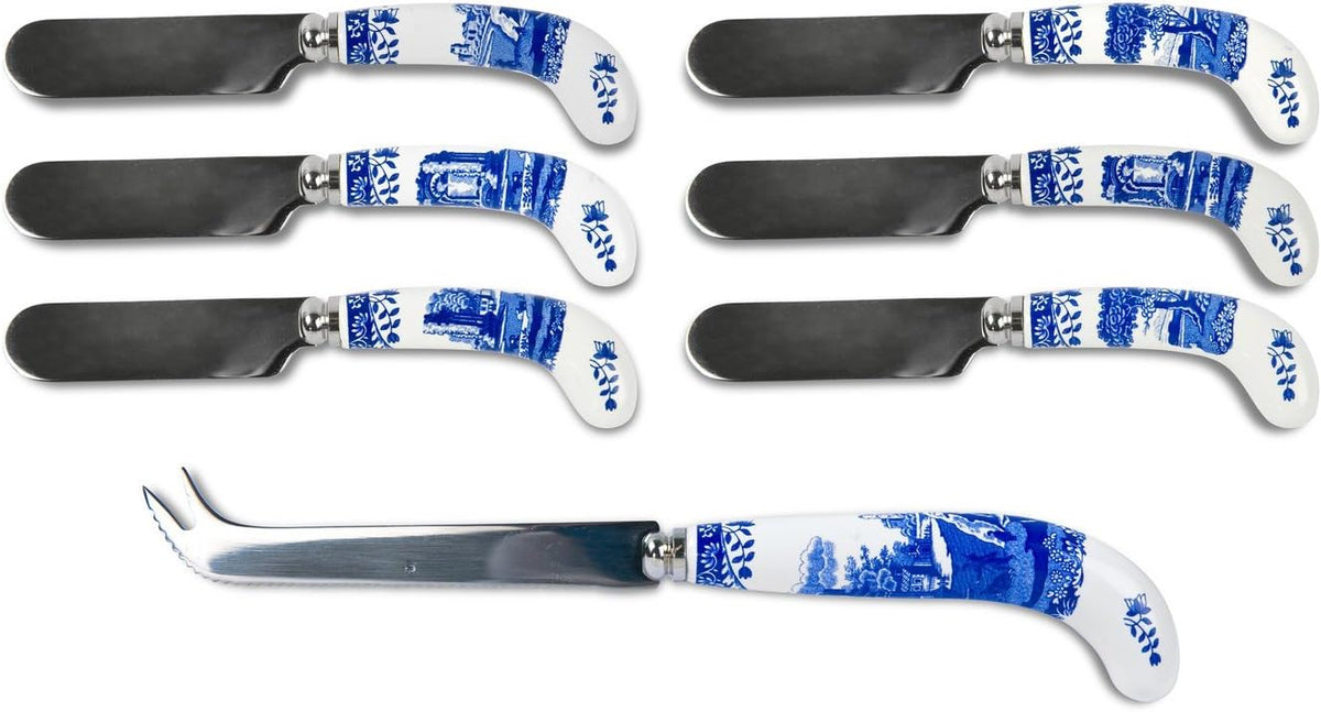 Spode Blue Italian Cheese Knife and Spreaders, Set of 7
