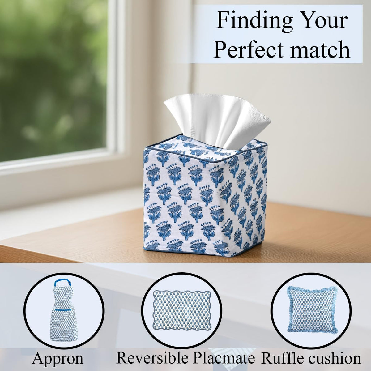 Block Print Cotton Tissue Box Cover, Apatite Blue