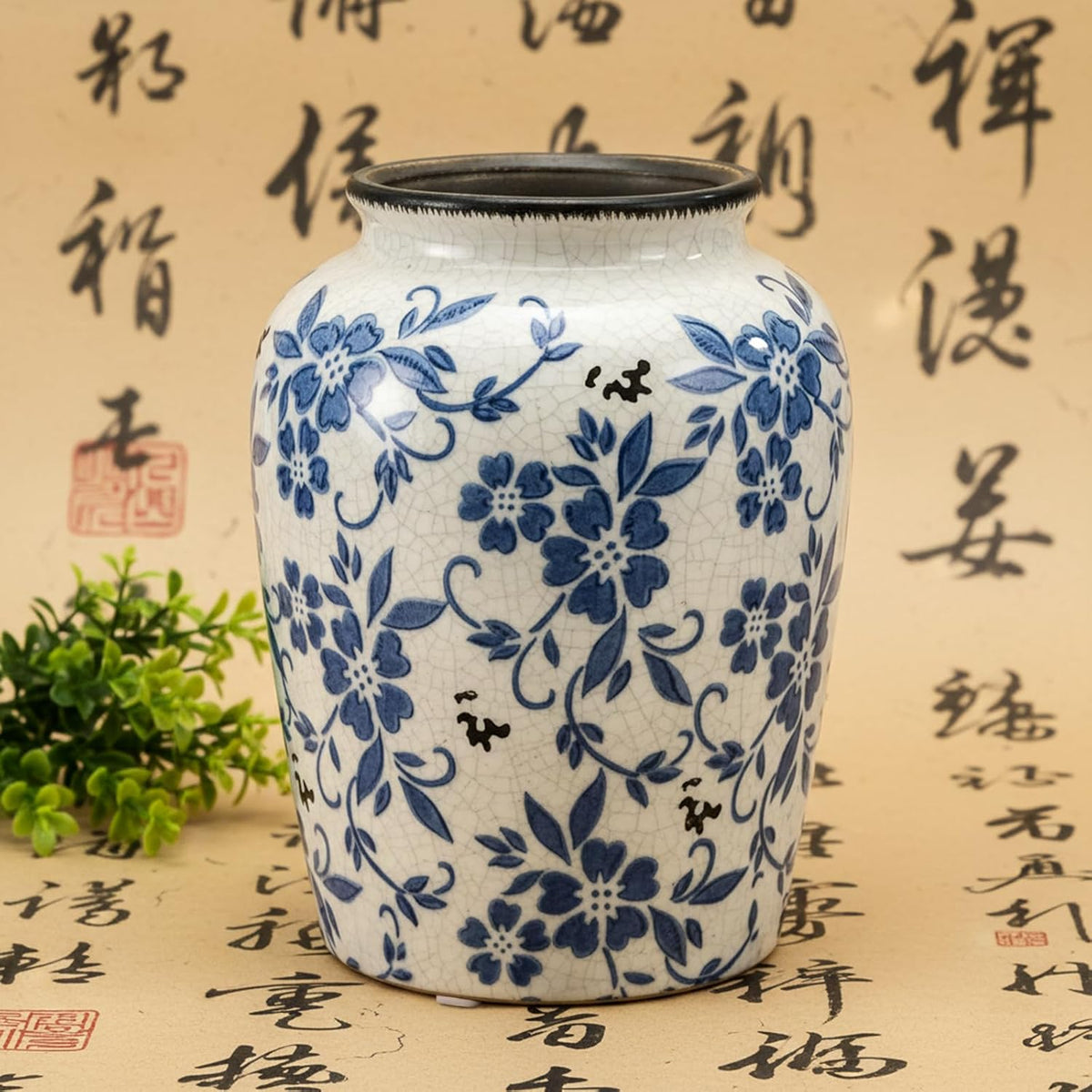 Blue and White Crackle Glaze Vase, 7.7 Inch