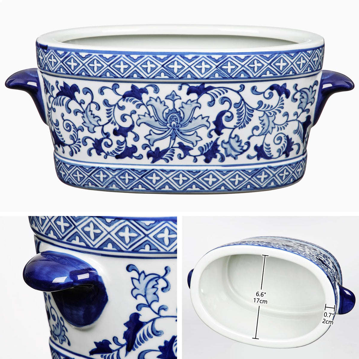 Blue Floral Oval Ceramic Cachepot, 10.6 in