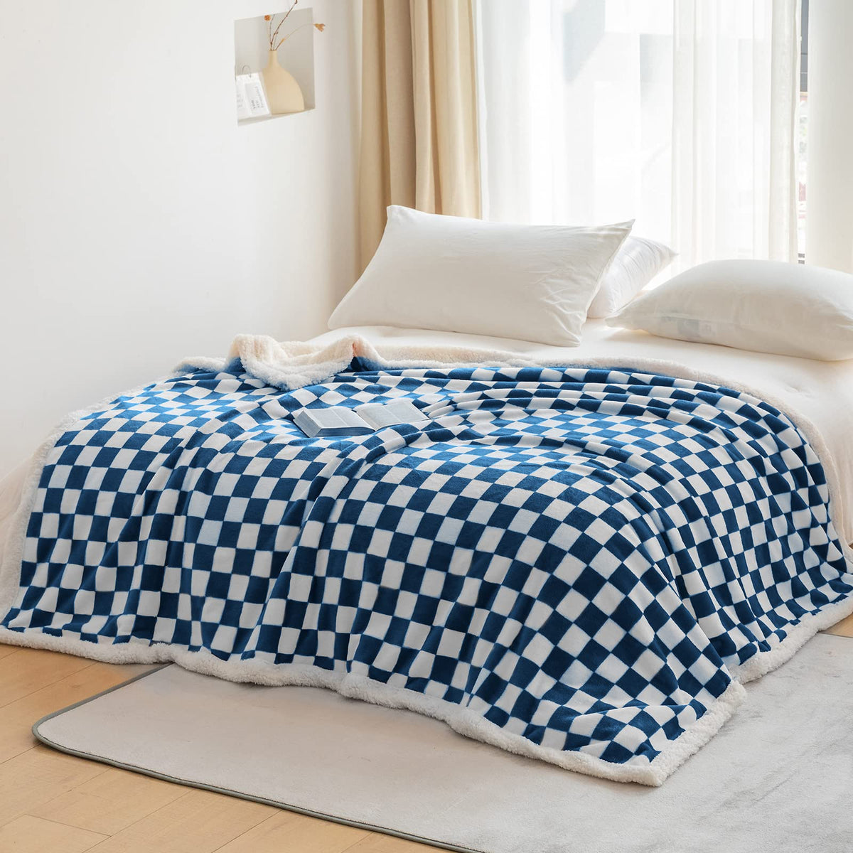 Navy Checkered Sherpa Throw Blanket