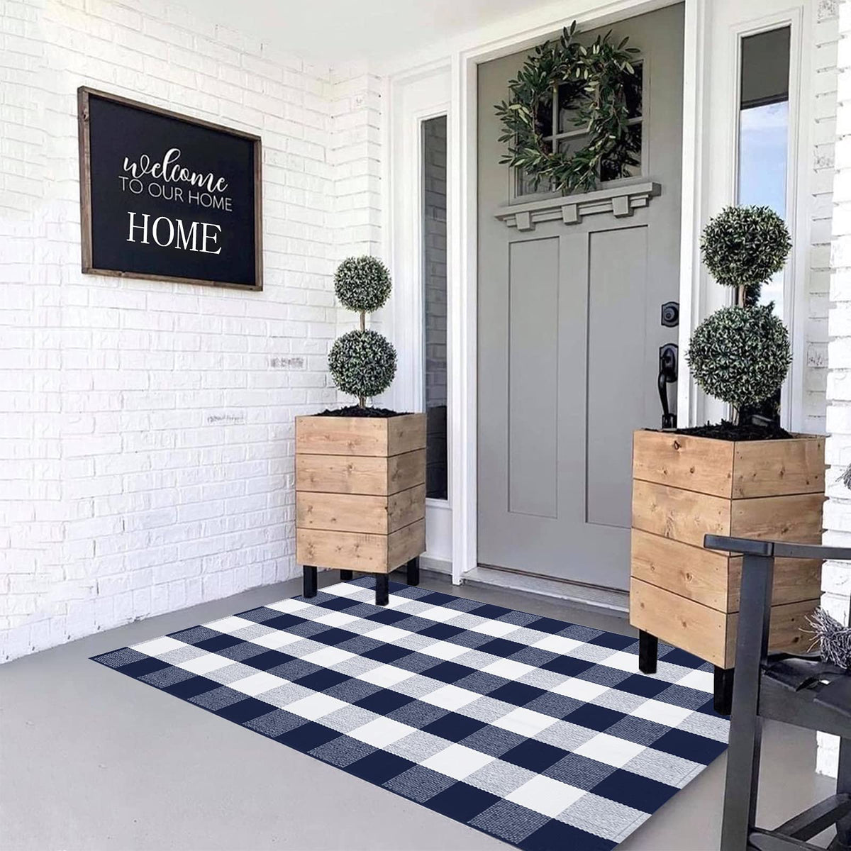 MUBIN Blue White Plaid Cotton Rug, 27.5x43