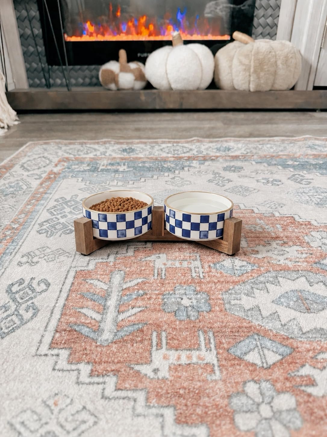 Blue and White Checkered Ceramic Dog Bowls