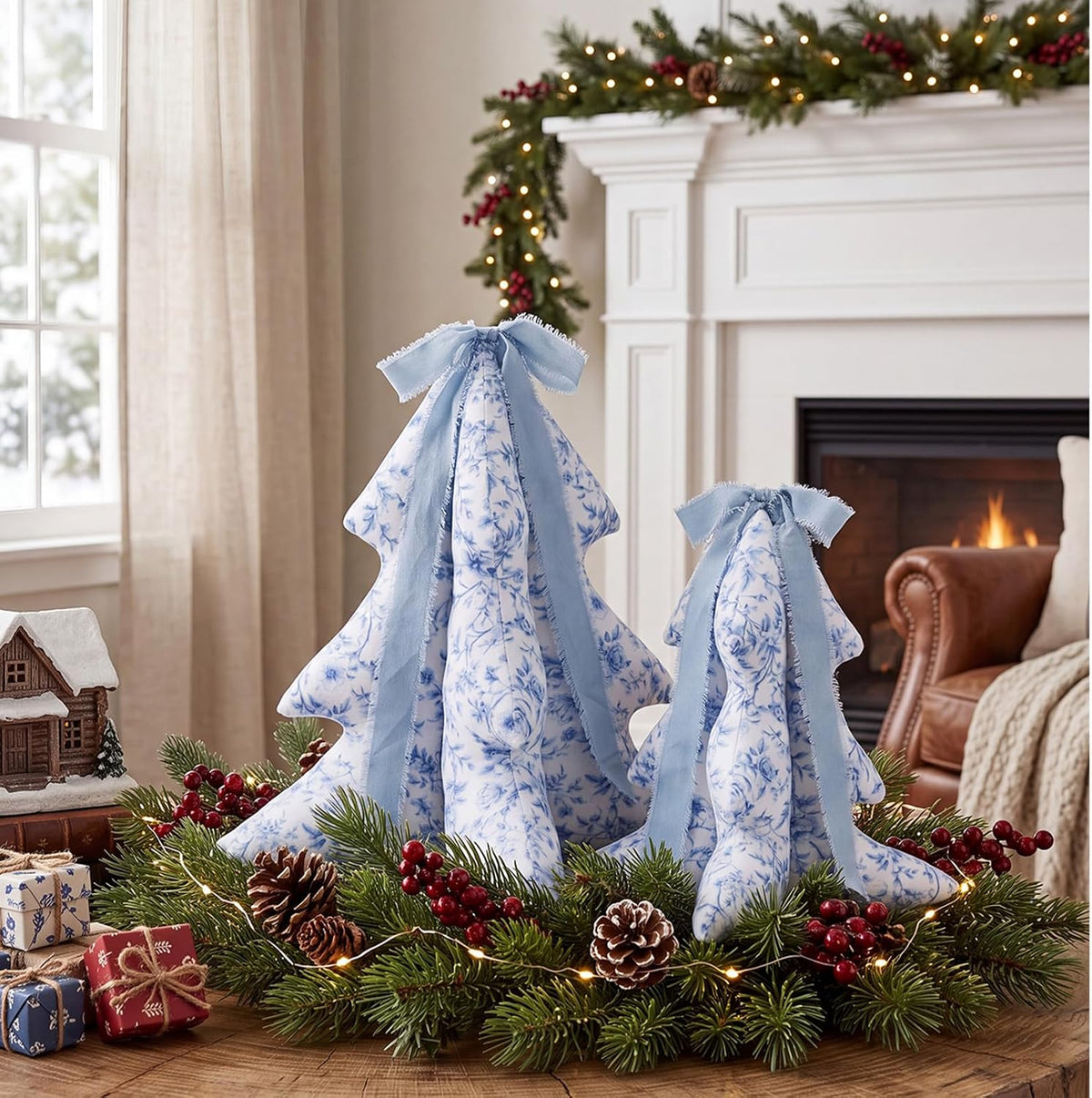 Chinoiserie Fabric Christmas Trees with Blue Bows, Set of 2
