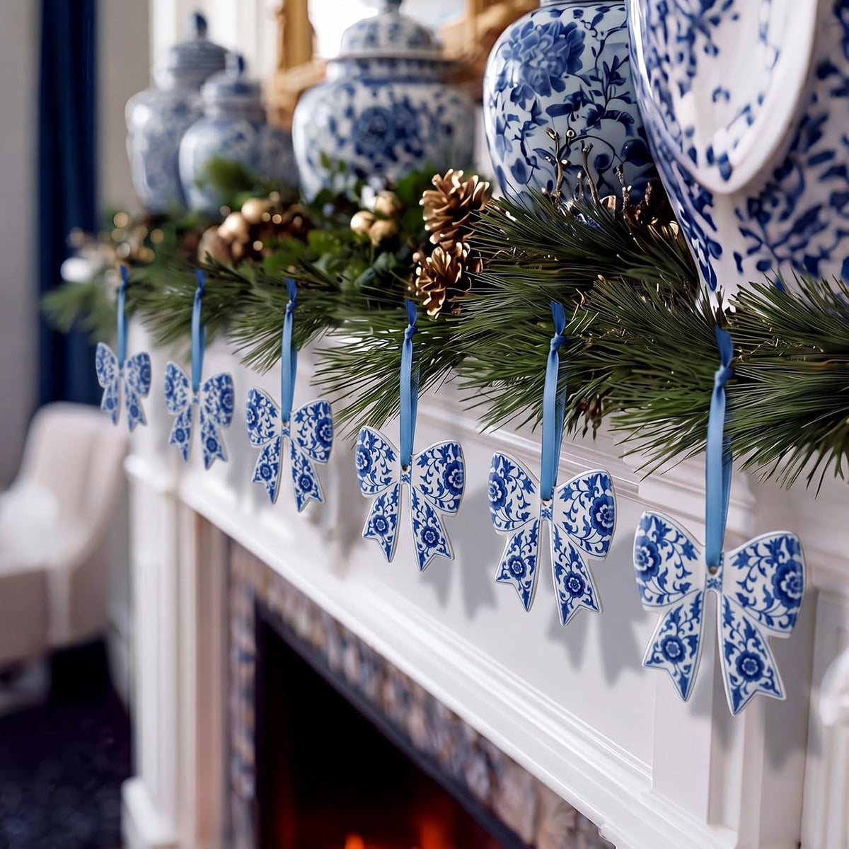Blue and White Porcelain Bow Ornaments, Set of 6