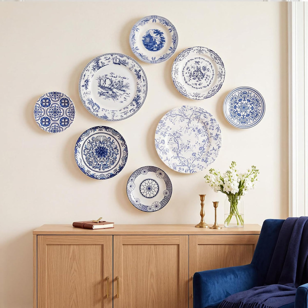 Blue and White Ceramic Wall Plates with Hangers, Set of 8