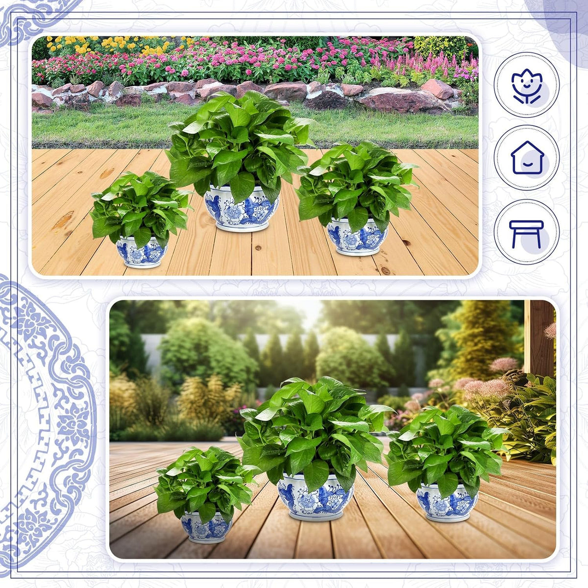 Blue and White Chinoiserie Planters with Saucers, Set of 3