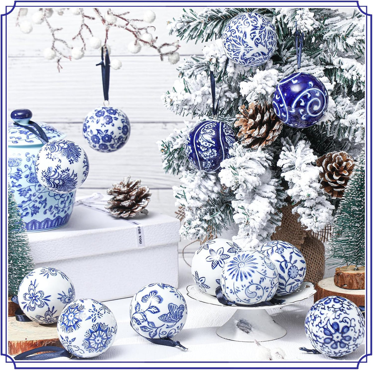 Blue and White Porcelain Christmas Balls, Set of 6 or 12