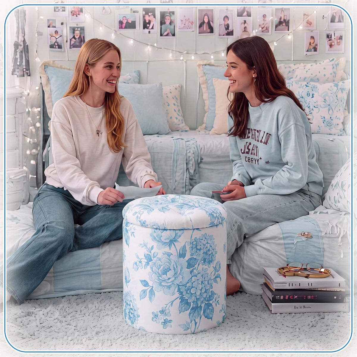 Blue Damask Tufted Round Ottoman, 16 Inch