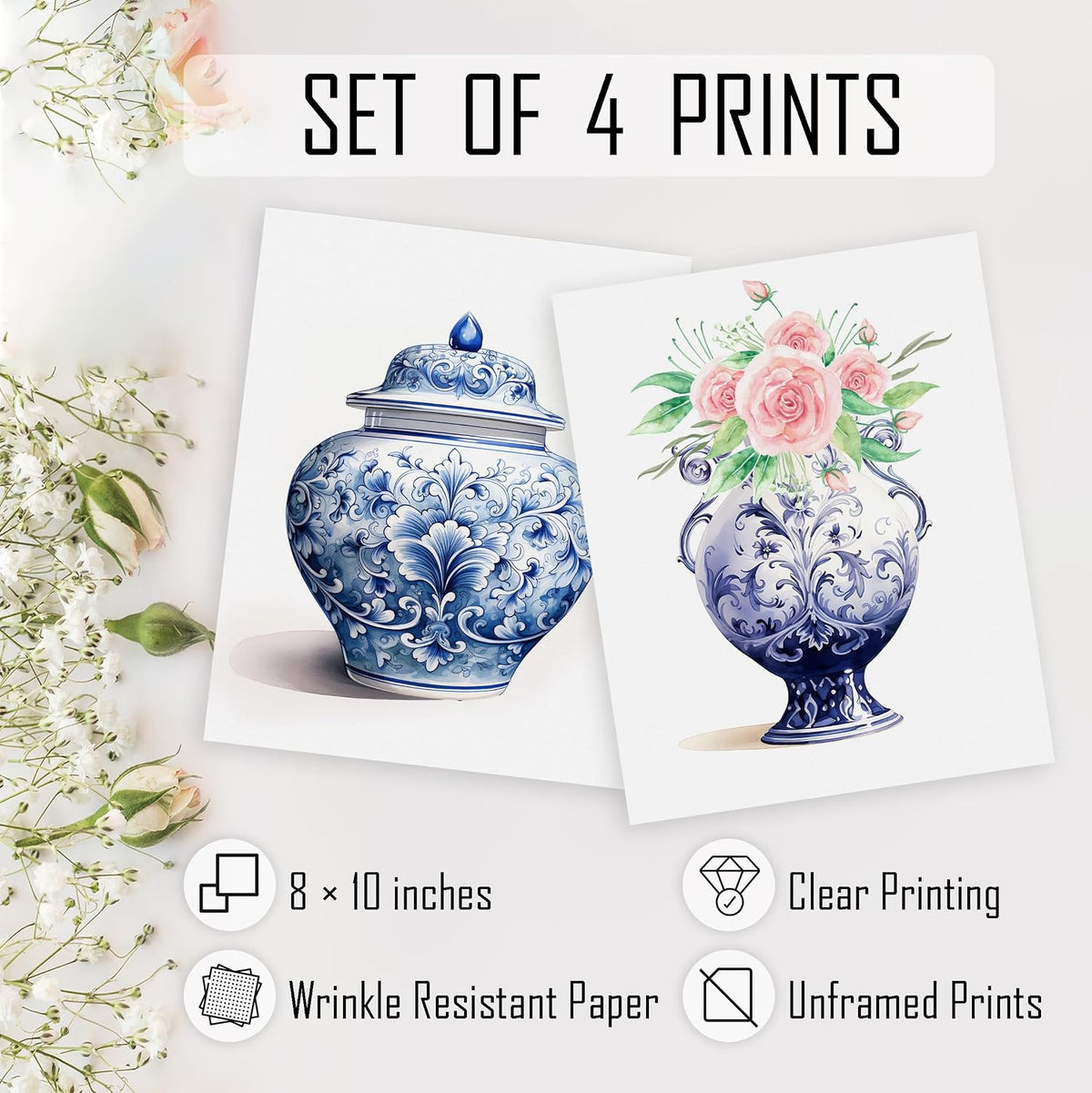 Blue and White Porcelain Vase Prints, Set of 4