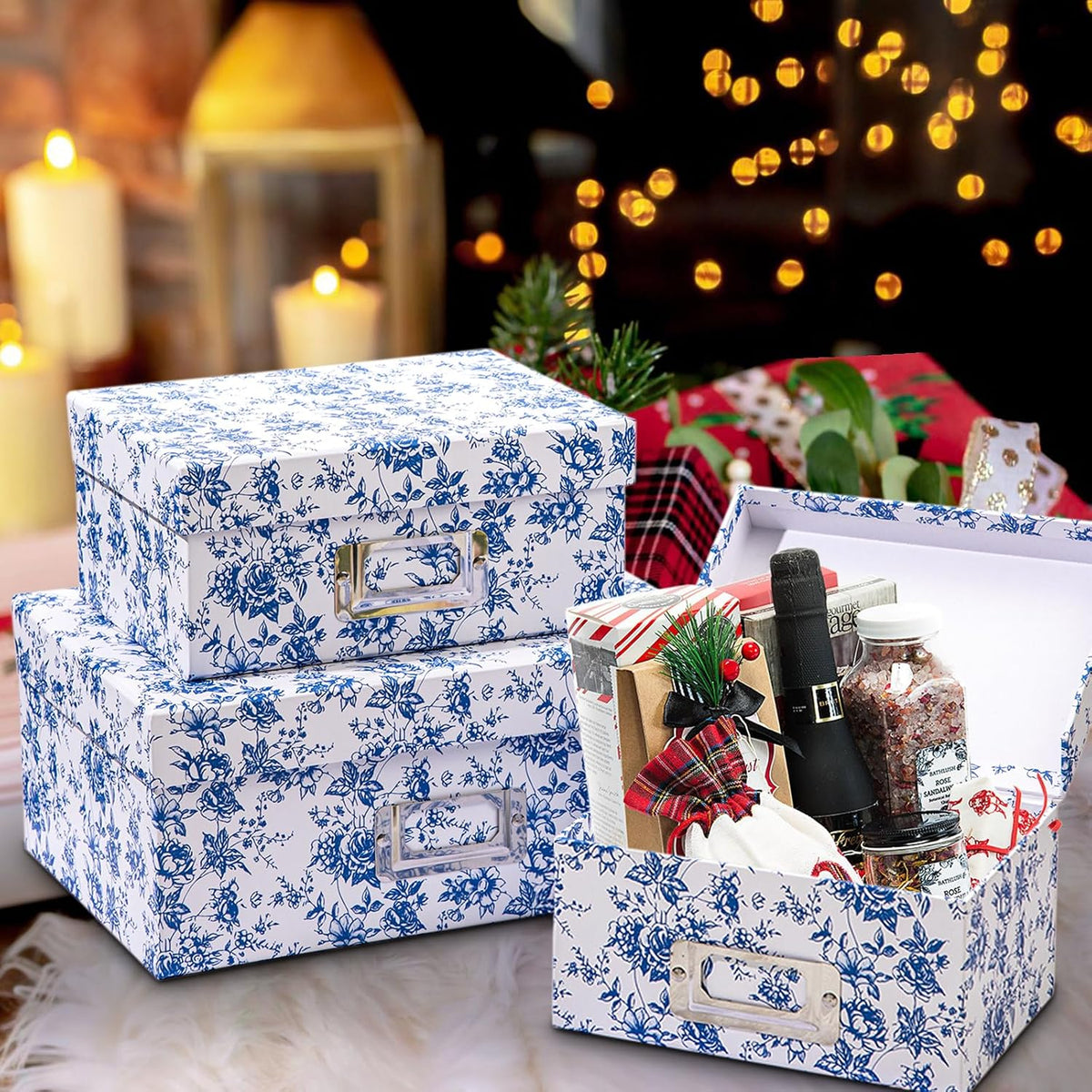 Blue and White Floral Nested Storage Boxes