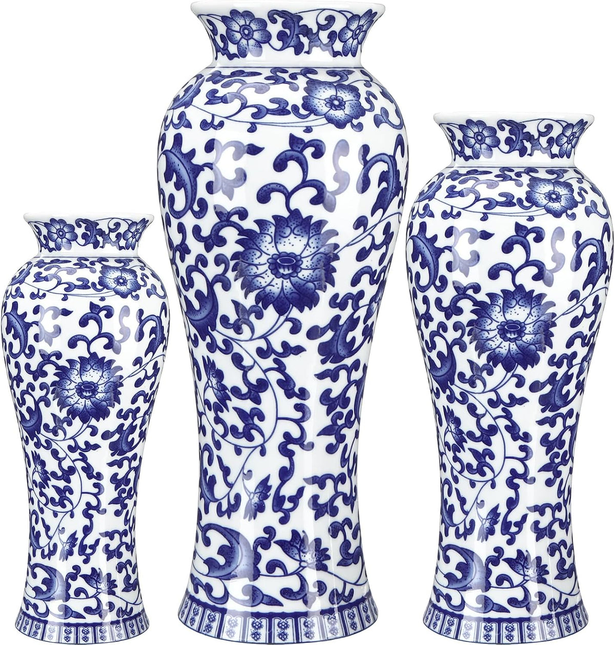 Set of 3 Blue and White Chinoiserie Vases