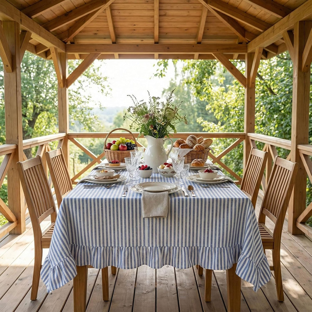 Blue and White Stripe Scalloped Tablecloth, 84 x 60