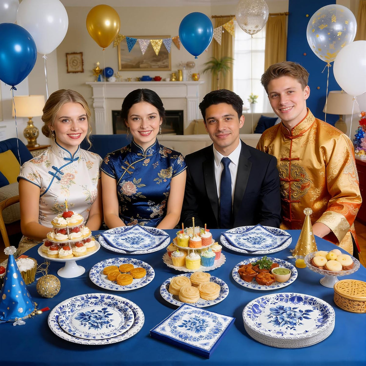 Blue and White Chinoiserie Plates and Napkins for 25