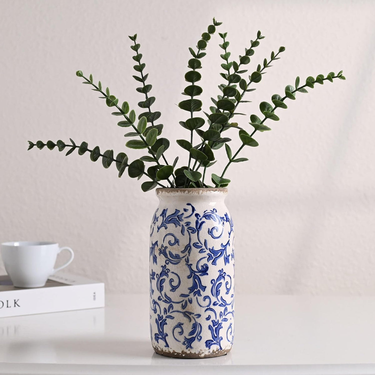 Victor & Teresa Rustic Blue and White Vase, 8"
