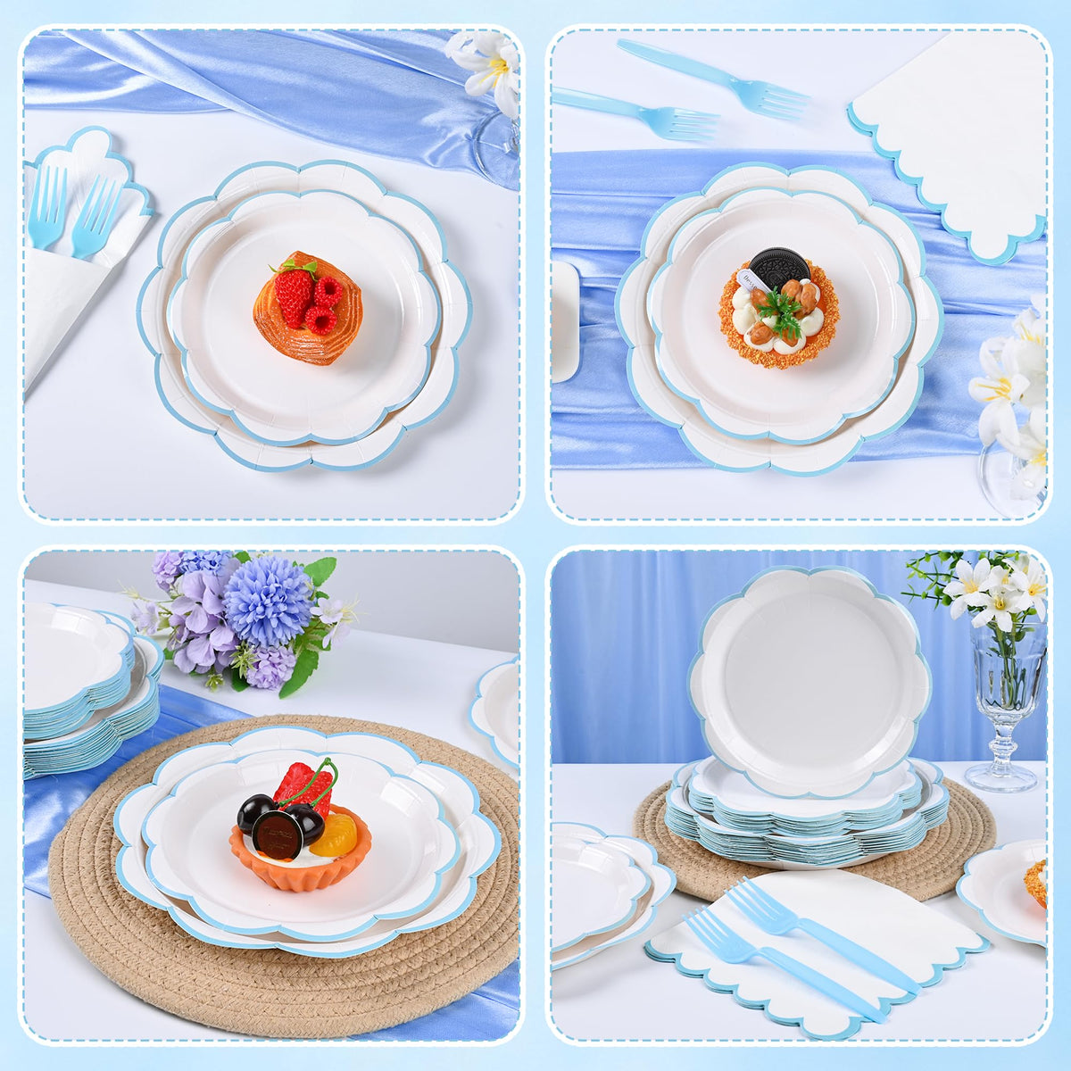 Blue Scalloped Paper Plates and Napkins, Serves 24