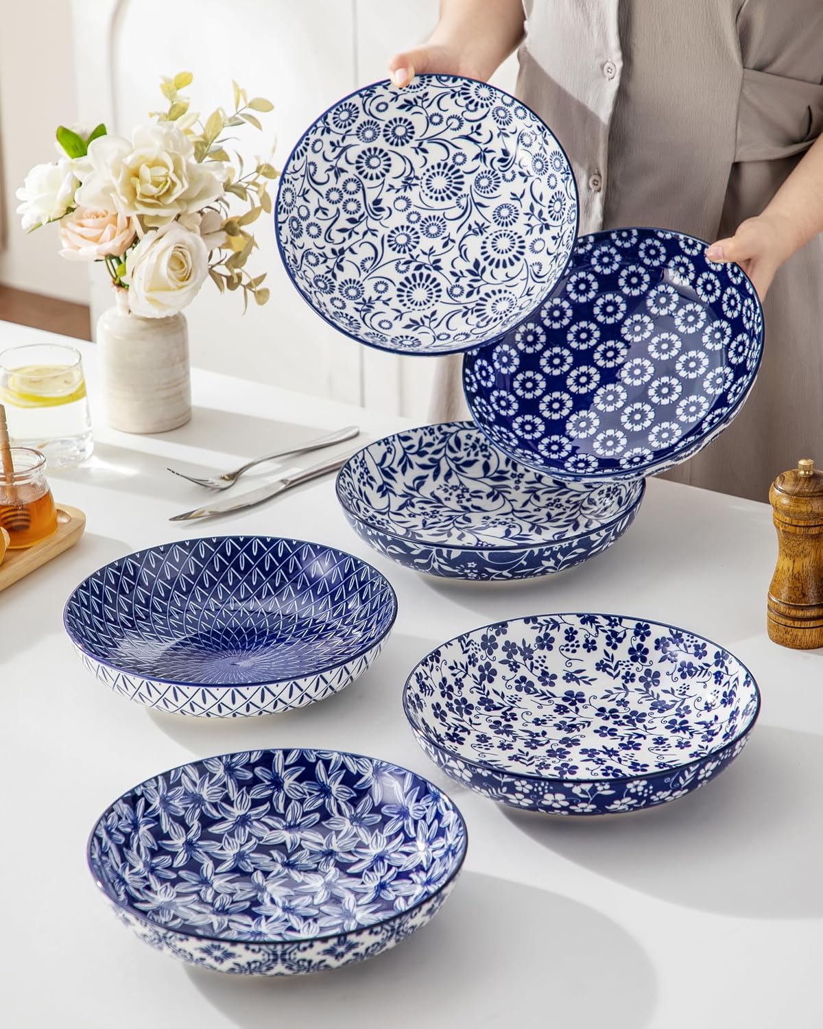 Blue and White Floral Pasta Bowls, Set of 6