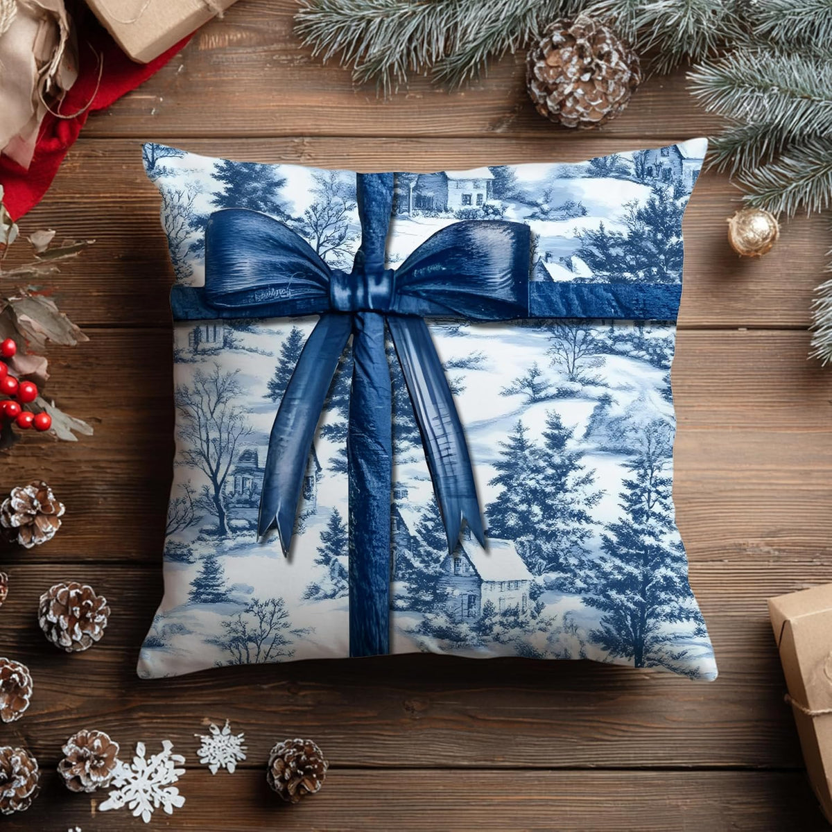 Blue Christmas Toile Pillow Covers, 18x18, Set of 2