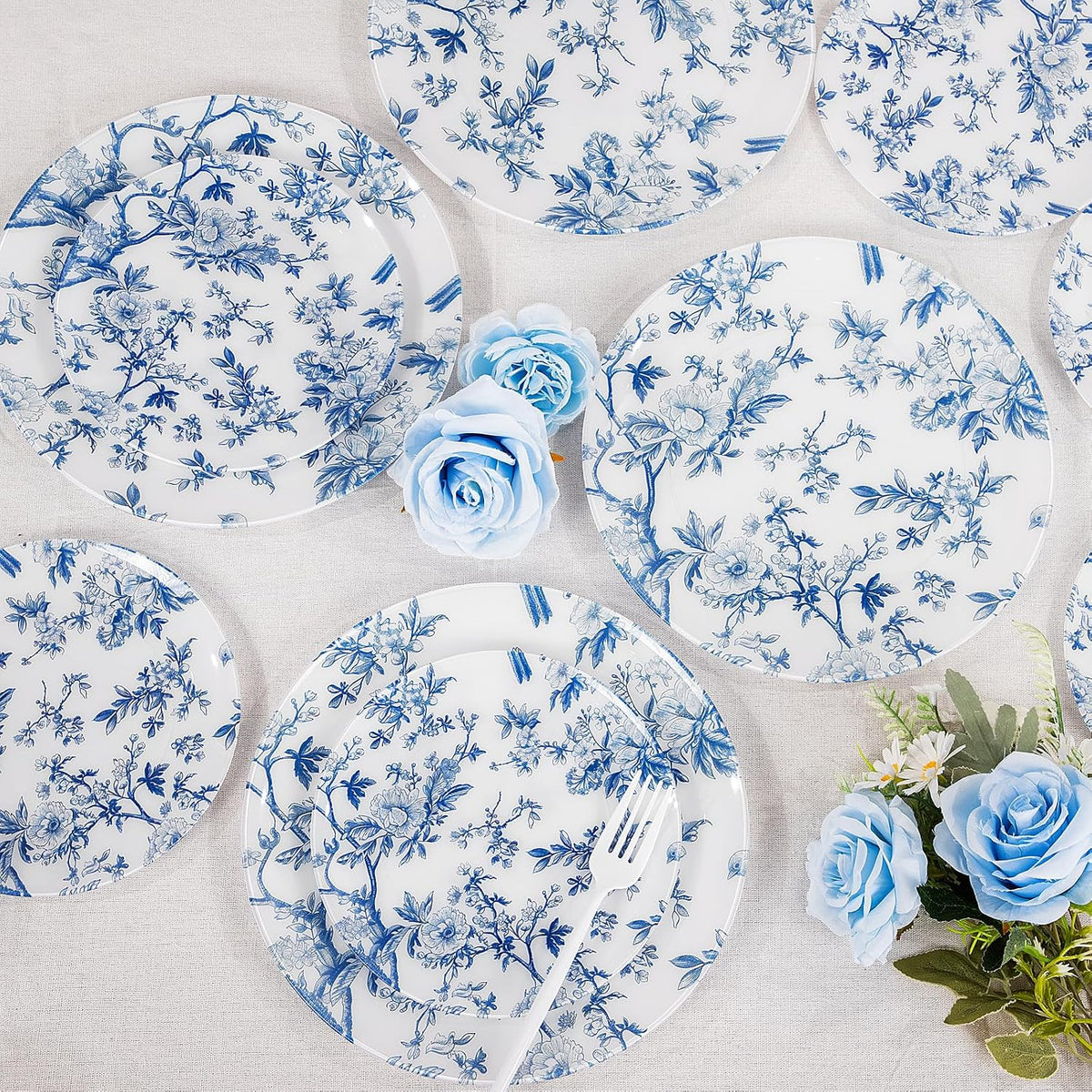 Blue Floral Plastic Plates, 60 Pieces