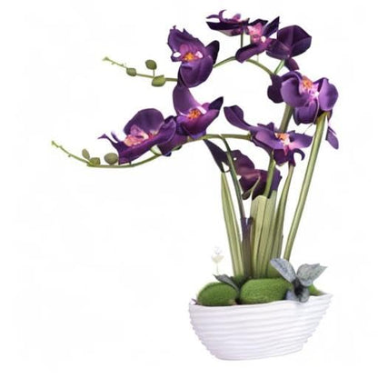 Faux Orchid in Navy Ribbed Ceramic Pot