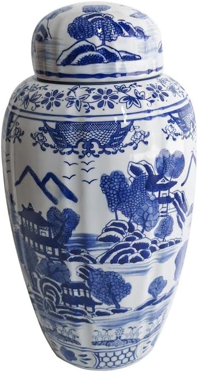 Galt Blue and White Temple Landscape Ginger Jar, 16 Inch