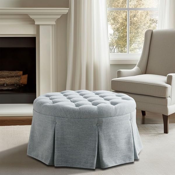 Martha Stewart Light Blue Tufted Round Ottoman