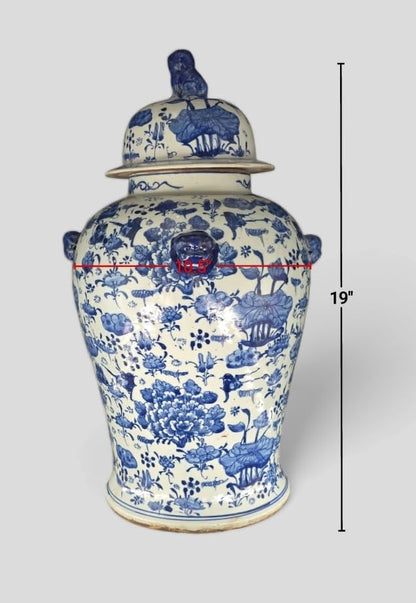 Blue and White Lotus Ginger Jar, 19 Inch