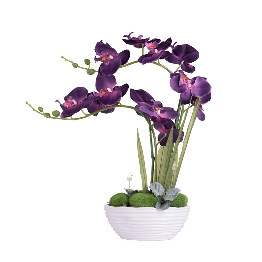 Faux Orchid in Navy Ribbed Ceramic Pot