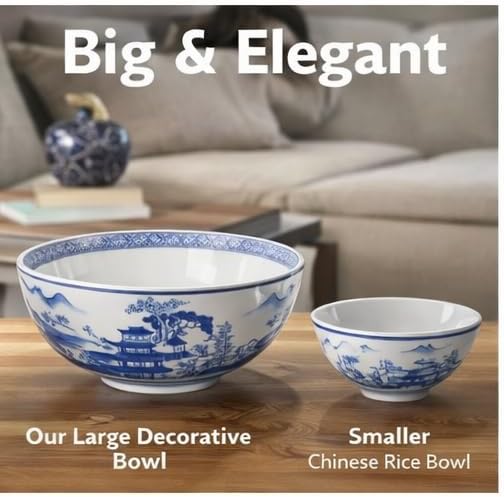 Blue and White Chinese Landscape Centerpiece Bowl, 12 Inch