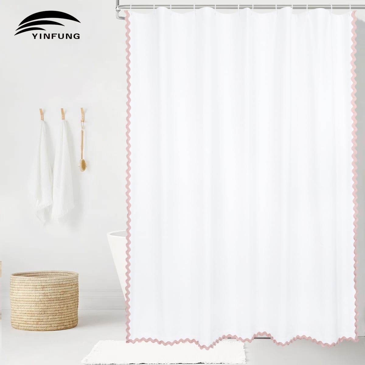 Scalloped Cotton Shower Curtain, White and Blue