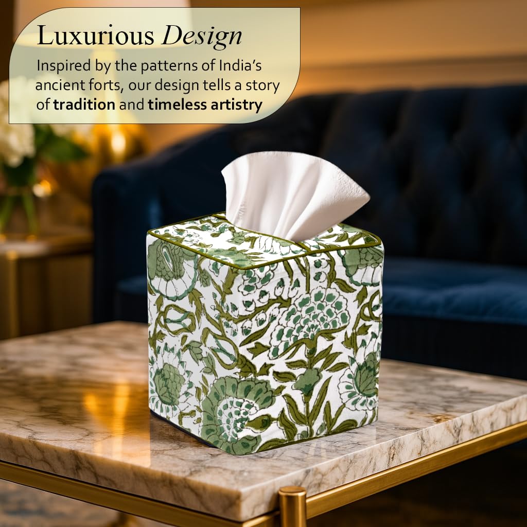 Block Print Cotton Tissue Box Cover, Apatite Blue
