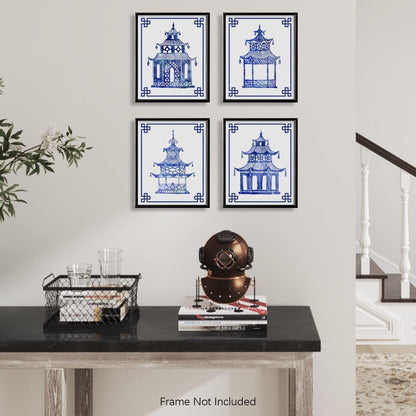 Blue and White Chinoiserie Pavilion Prints, Set of 4