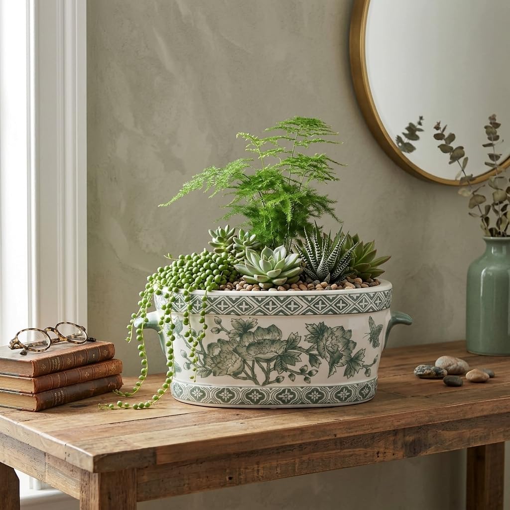 Blue Floral Oval Ceramic Cachepot, 10.6 in