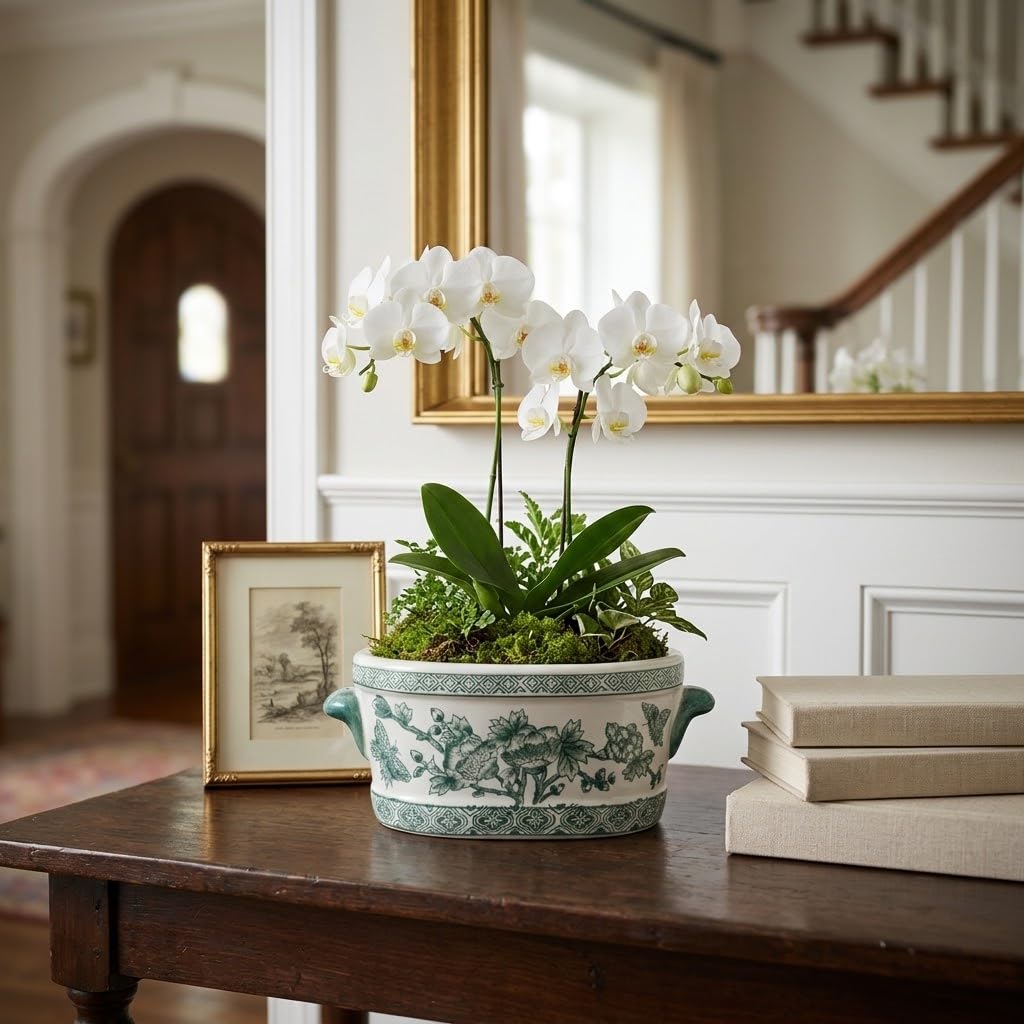 Blue Floral Oval Ceramic Cachepot, 10.6 in