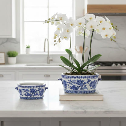 Blue Floral Oval Ceramic Cachepot, 10.6 in