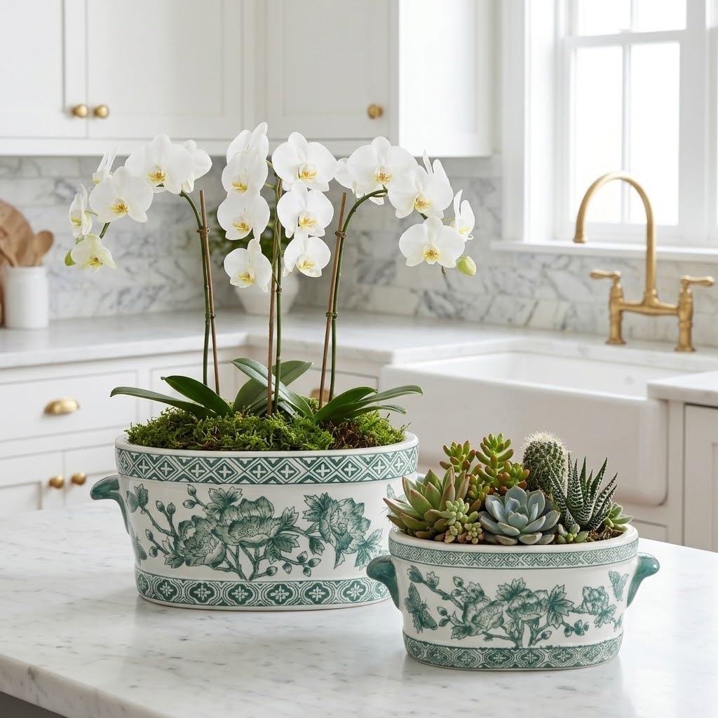 Blue Floral Oval Ceramic Cachepot, 10.6 in