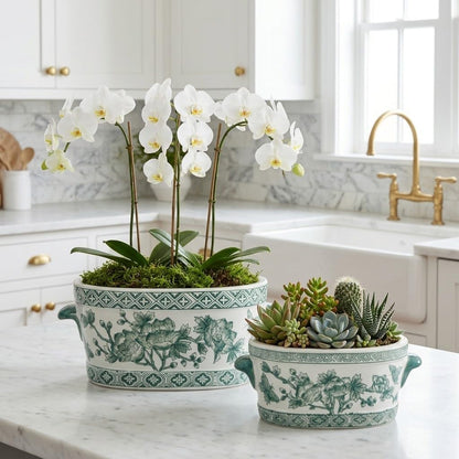 Blue Floral Oval Ceramic Cachepot, 10.6 in