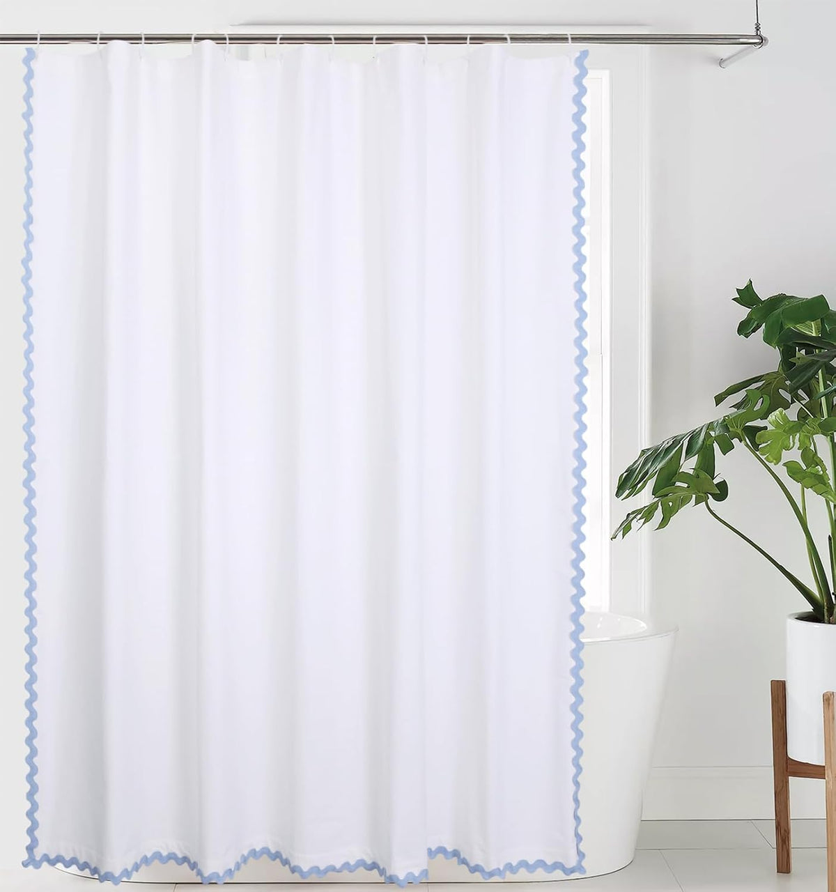 Scalloped Cotton Shower Curtain, White and Blue