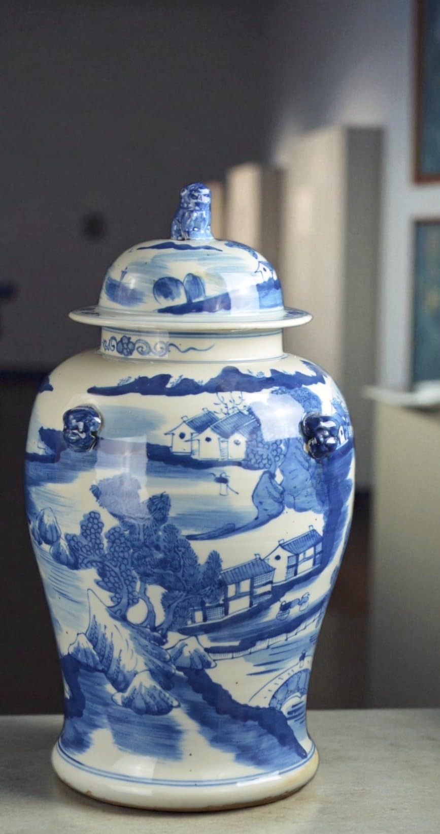Blue and White Lotus Ginger Jar, 19 Inch