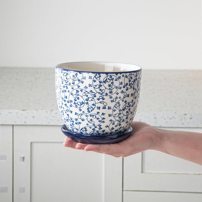 Vintage Blue Succulent Pots with Saucers, Set of 4