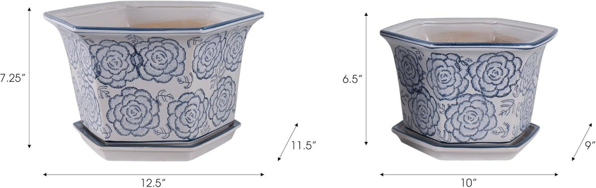 Blue and White Chinoiserie Planters with Saucers, Set of 2