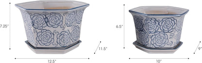Blue and White Chinoiserie Planters with Saucers, Set of 2