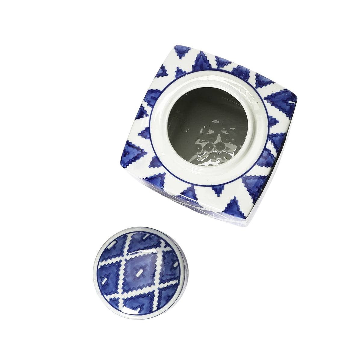 Square Ceramic Ginger Jar with Lid, Blue and White