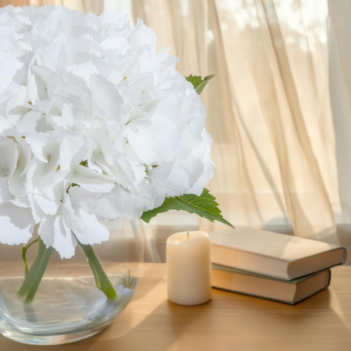 Blue Faux Hydrangea Arrangement in Glass Vase