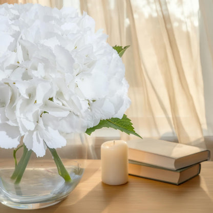 Blue Faux Hydrangea Arrangement in Glass Vase
