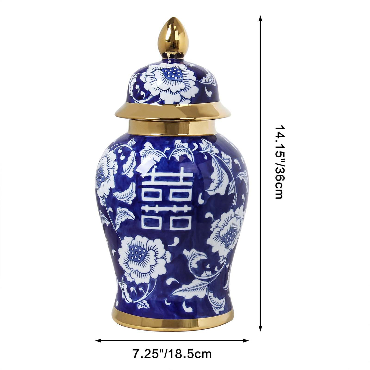 Blue and White Ginger Jar with Gold Trim, 14 Inch