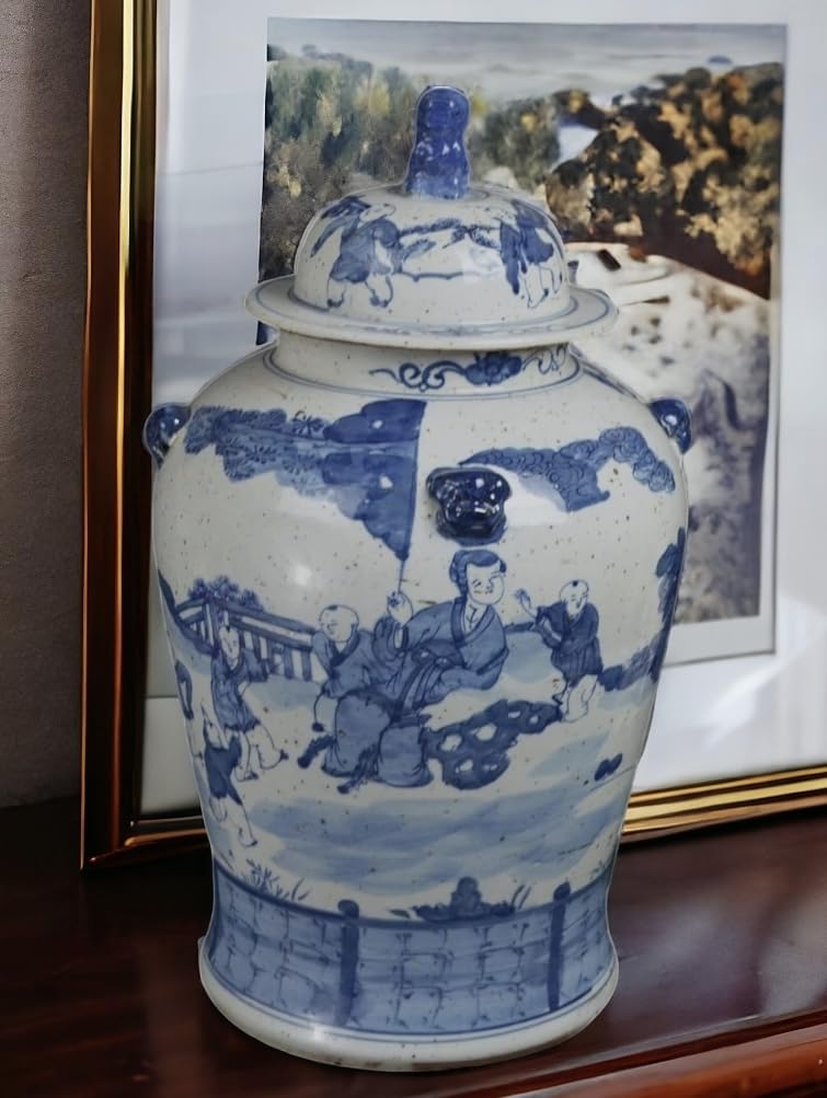 Blue and White Lotus Ginger Jar, 19 Inch