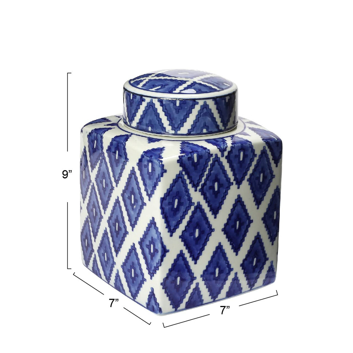 Square Ceramic Ginger Jar with Lid, Blue and White