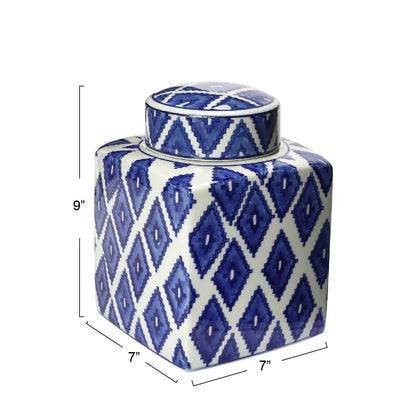 Square Ceramic Ginger Jar with Lid, Blue and White