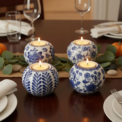 Blue and White Chinoiserie Tealight Holders, Set of 4